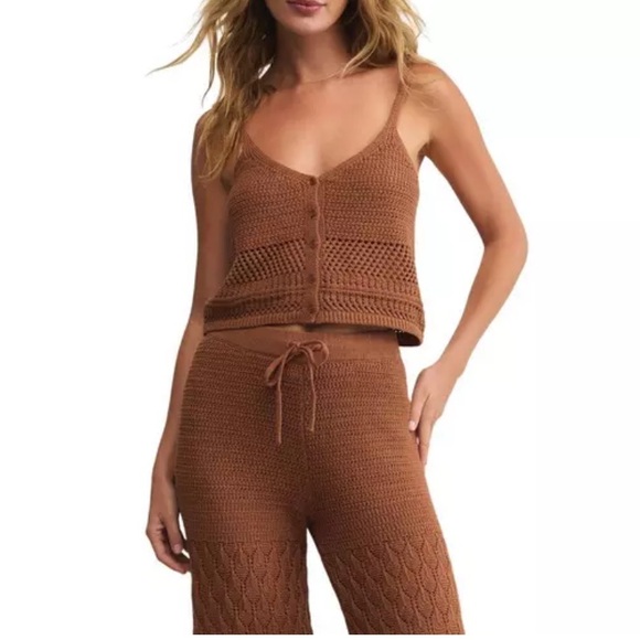 Z Supply Tay Crochet Tank Teakwood Boho Button Front Crop S - Picture 3 of 9